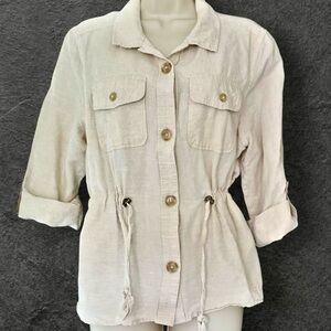 Liz Claiborne Cream Linen Button Down Top w/ Drawstring Waist Sz M